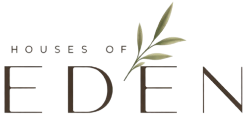 Logo of 'Houses of Eden' with a leaf design on a white background